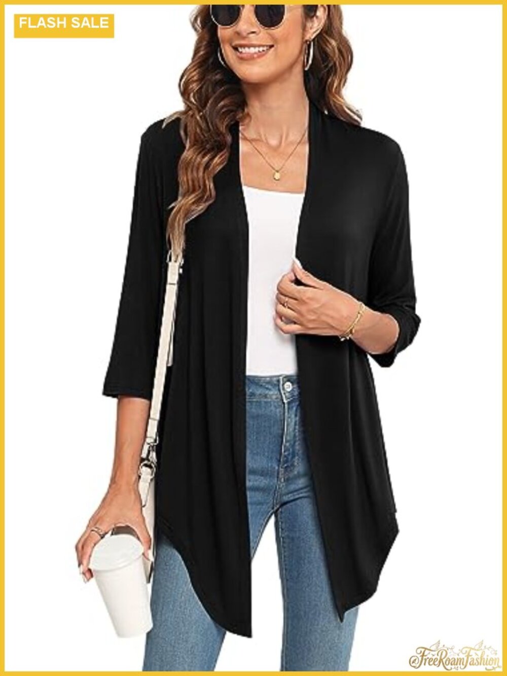 Women's Front Tie Open Front 3/4 Sleeve Lightweight Cardigan